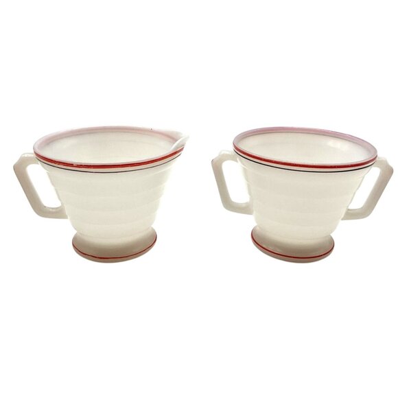 Vintage 1930s Hazel Atlas Milk Glass Creamer & Sugar Bowl With Red Black Stripes - Picture 1 of 6